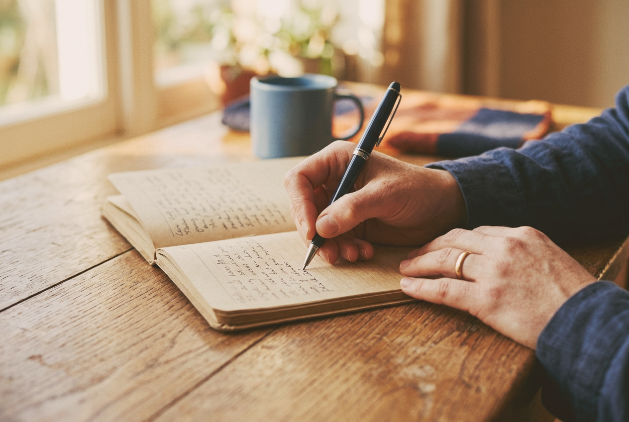 A person writing with a pen in an open notebook on a wooden table beside a coffee mug