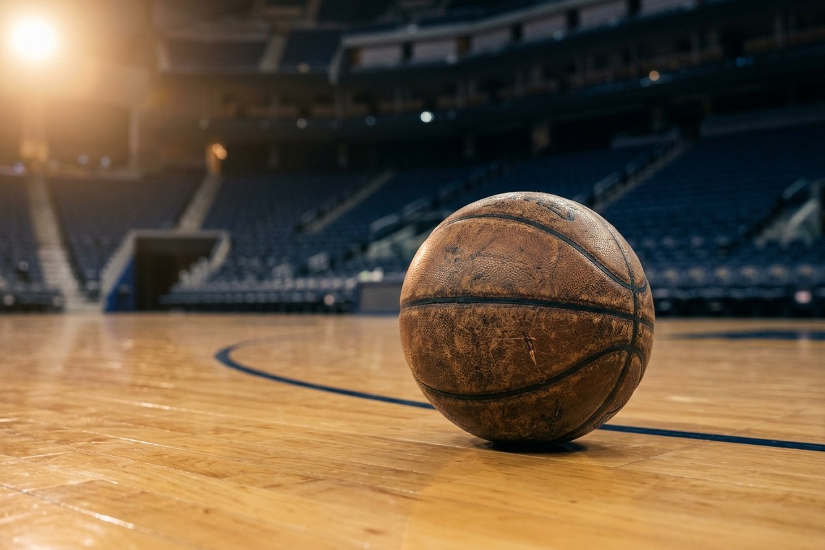 A basketball resting on a glossy court in an empty arena, gold light