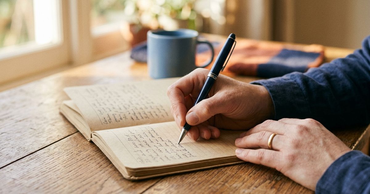 A person writing in an open notebook on a wooden table beside a coffee mug near a window
