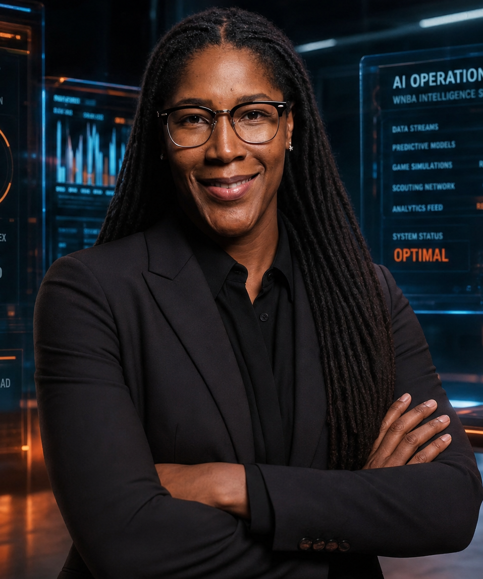 Portrait of a woman in a black suit with her arms crossed, in front of glowing blue and orange analytics displays